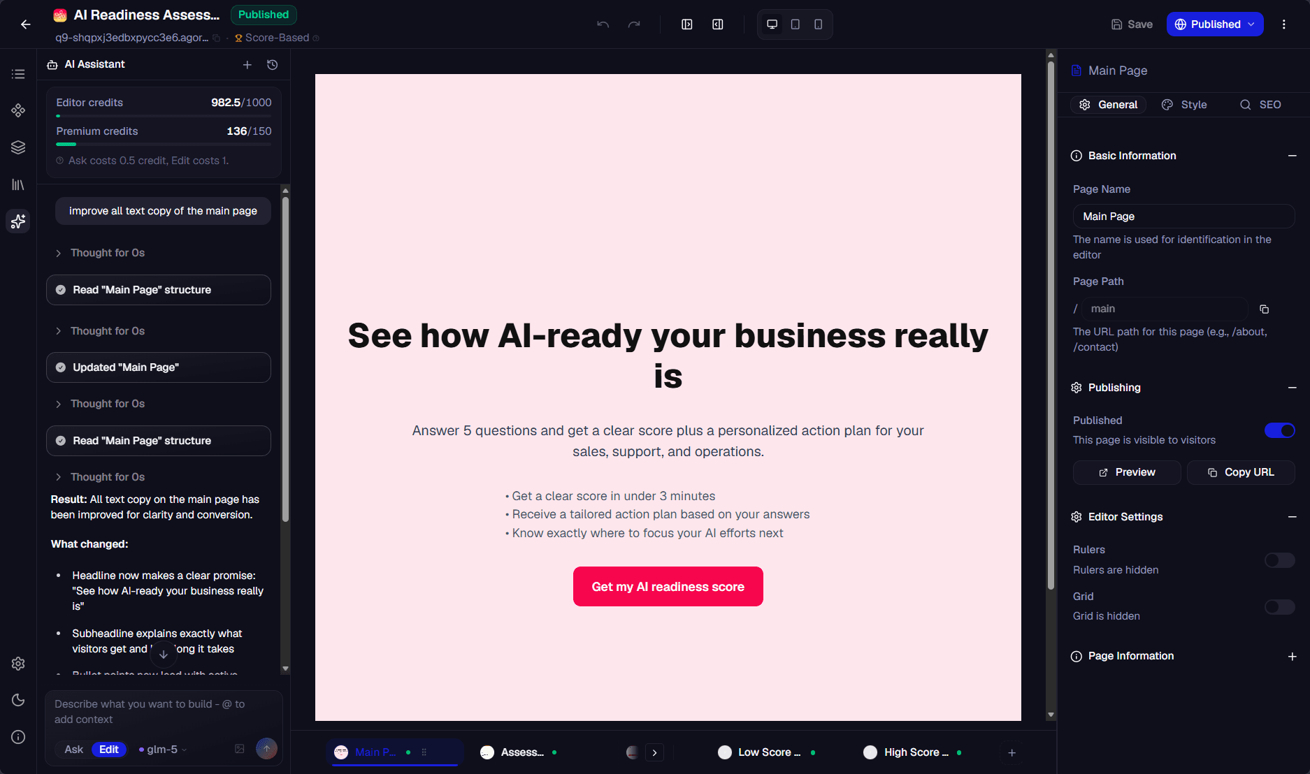 Preview of the Agorasafe funnel builder and AI agent experience